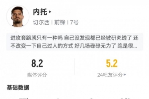 内托本场比赛数据：1进球2过人成功2关键传球，评分8.2