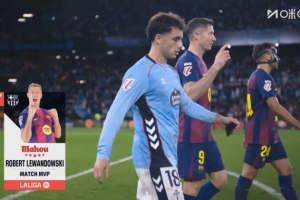 上演帽子戏法！西甲官方：莱万当选塞尔塔vs巴萨的全场最佳